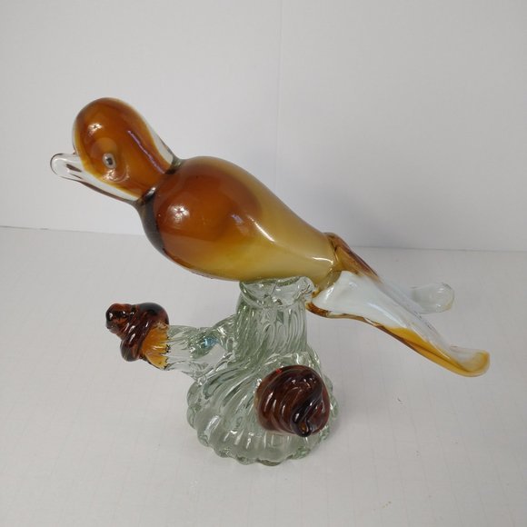 Murano Large Glass Art Brown/Tan Bird with Brown/White Tails - Picture 13 of 16